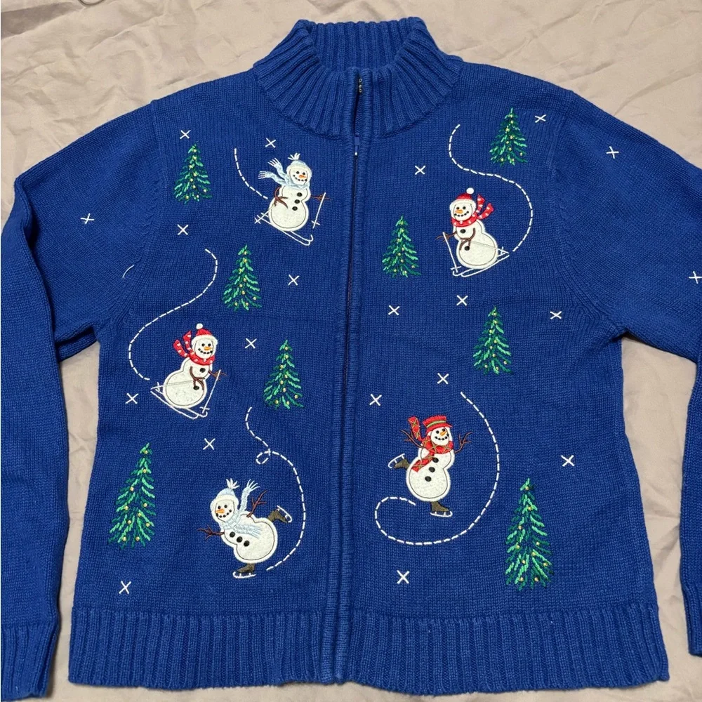 Vintage Crystal Kobe Blue Snowman Christmas Sweater Zip Holiday Cardigan Medium